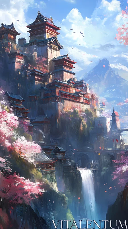 Sunlit cliffside palace above a drifting cherry waterfall.