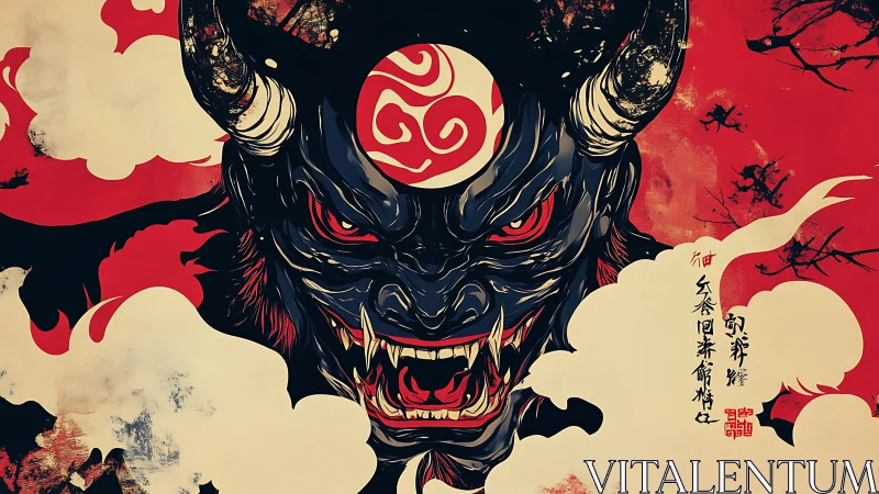 Ferocious horned demon mask with swirling red symbol