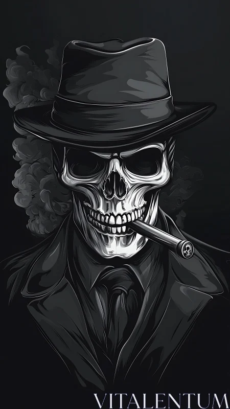 Noir skeletal gangster with cigar in monochrome shadow.