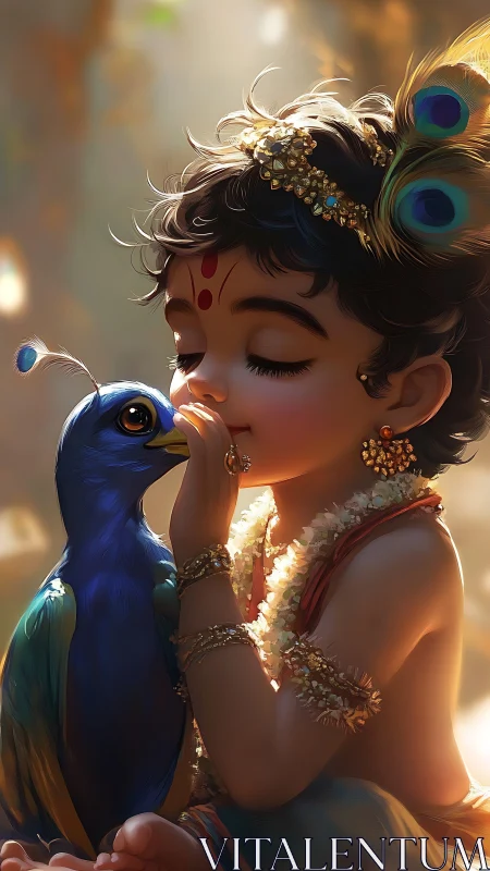 Gentle child deity and curious peacock in golden quiet.