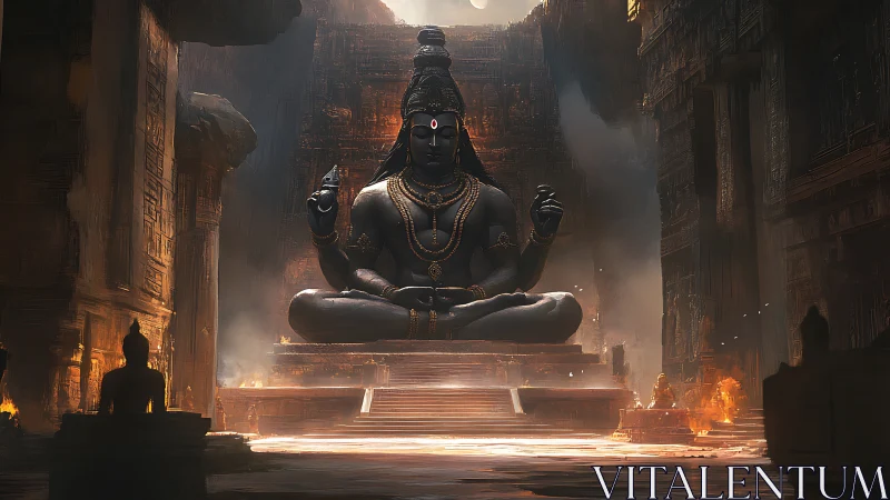 Serene stone deity in a glowing ancient temple sanctuary.