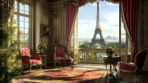 Elegant Paris salon interior with Eiffel Tower view.