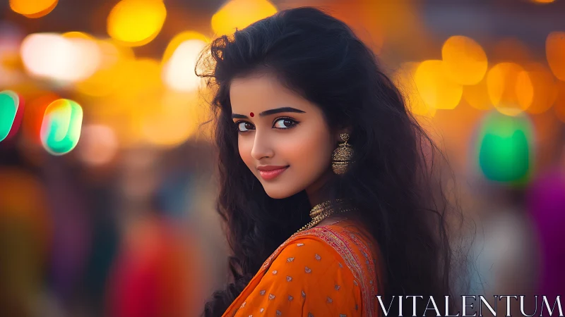 Digital portrait of festive Indian woman in orange saree, bokeh