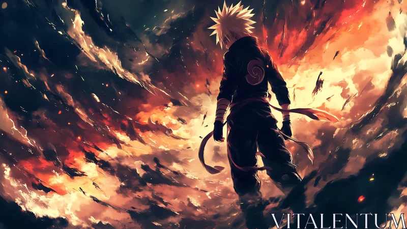 Lone anime warrior confronts a burning, storm-wracked sky