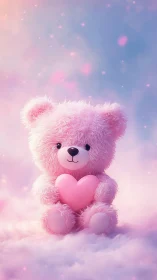Chromatic plush bear holding stylized heart in diffuse bokeh field.