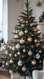 Golden baubles shimmer on a cozy, candlelit Christmas tree.