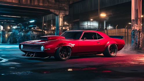 Red pro-touring muscle car rendered in neon-lit industrial lot