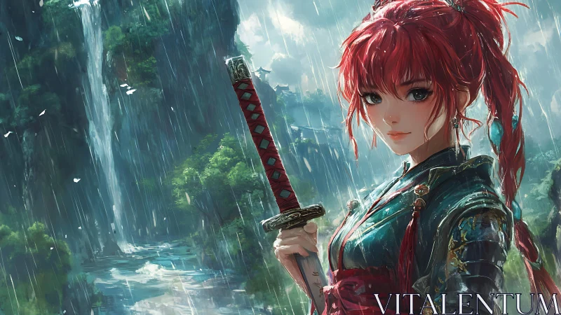 Red haired warrior with katana in rainy mountain valley.
