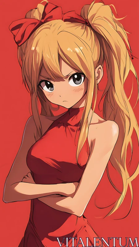 Cross-armed anime girl in red dress with strong cel-shaded lighting