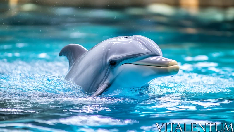 Bottlenose dolphin surfacing in clear blue pool water.