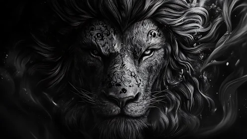Majestic monochrome lion spirit gazes out with fierce calm
