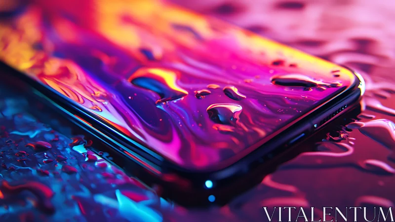 Iridescent smartphone surface with neon liquid reflections.