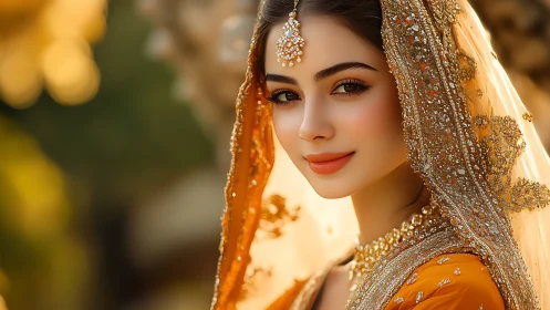 Golden hour bridal portrait in ornate embroidered dupatta veil