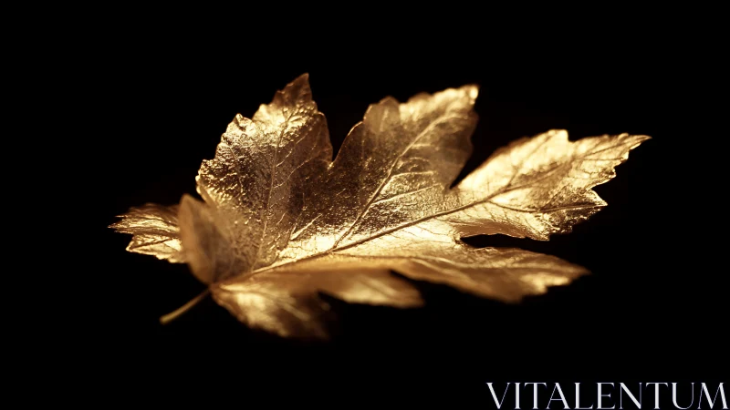 Golden maple leaf shines against deep black background.