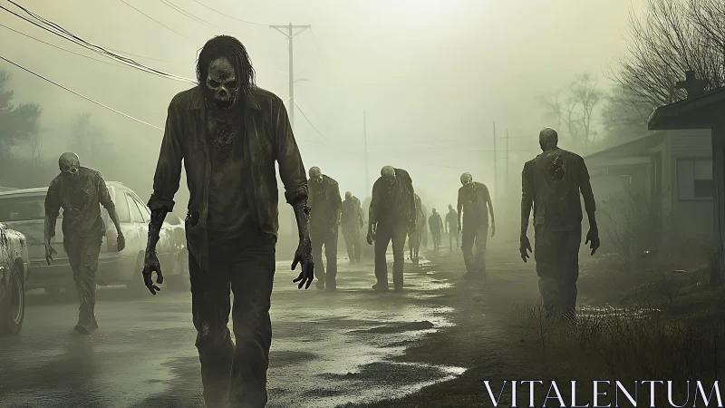 Fog-diffused zombie horde advances along desaturated suburban roadway