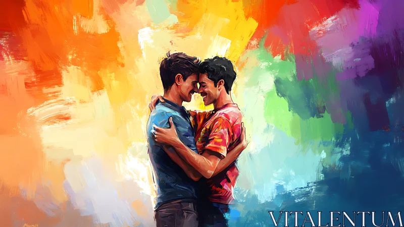 Two Souls Embrace in Rainbow Fire—Luminous Connection.