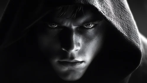 Monochrome close-up of hooded male face in sharp focus.