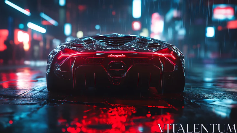Rear view hypercar in neon rain-soaked cyberpunk avenue at night