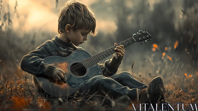 Backlit child guitarist studies chords in shallow depth of field