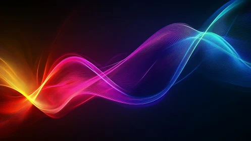 Multicolored light waves form flowing ribbons on dark background