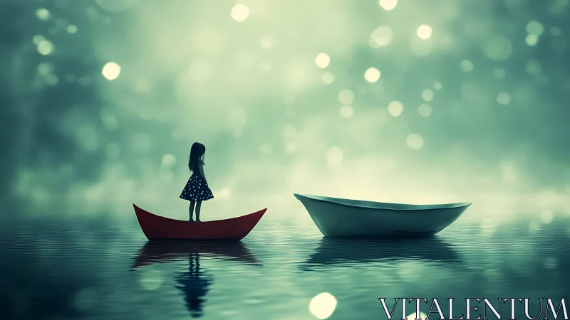 Quiet girl on a tiny red boat in dreamy green light.