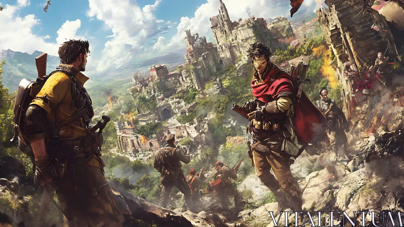 Armed figures advancing toward ruined hillside fortress city.