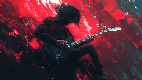 Electric guitarist explodes with energy in a blazing red storm