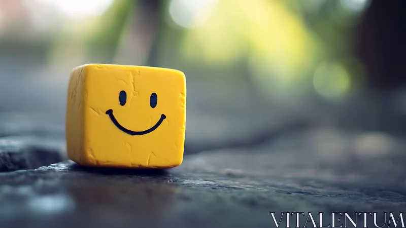 Yellow cube with smiley face sits on textured outdoor surface