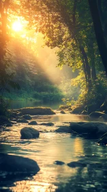 Golden morning sunlight gently kisses a quiet forest stream