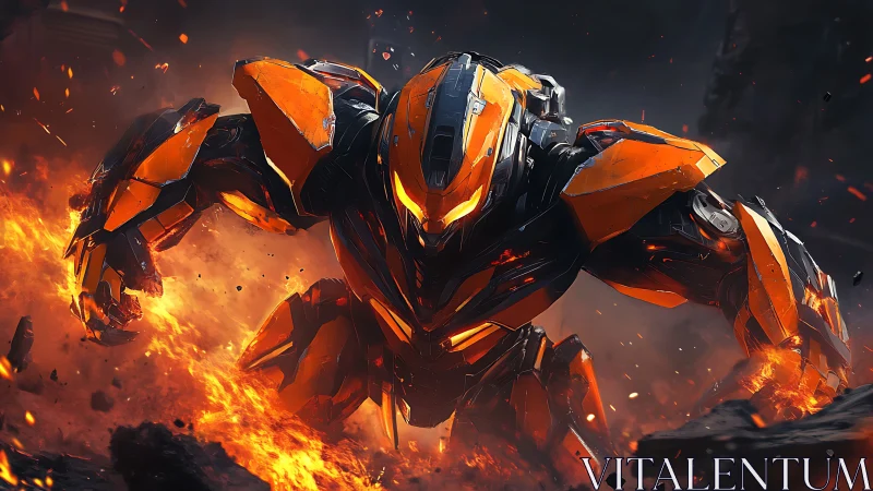 Armored mech strides through molten battlefield inferno with fury