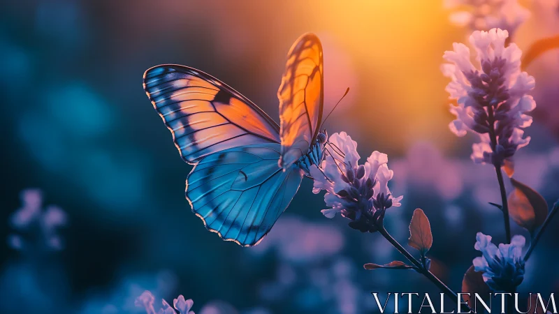 Butterfly rests on flower in glowing blue orange bokeh field