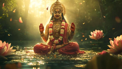 Golden serenity floats as divine goddess blooms on water