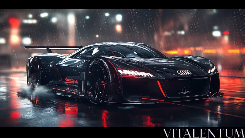 Neonstorm Audi hypercar hunts speed through rain slick streets.