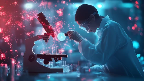 Scientist conducts microscopic laboratory analysis under neon light
