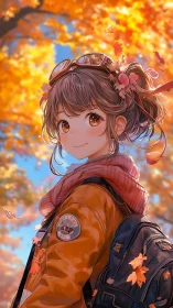 Autumn girl with backpack smiles beneath glowing maple leaves.