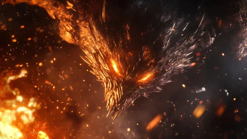 Molten fire creature head emerging within dense sparks.