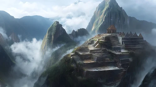 Misty mountain citadel bathed in soft morning light.