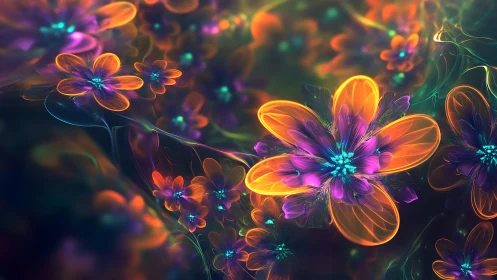 Neon fractal flower cluster with luminous bokeh depth field