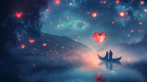 Floating Hearts Over Lake at Twilight.