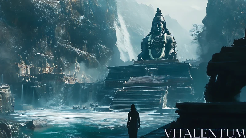 Colossal mountain deity temple in misted glacial valley.
