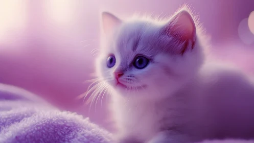 Enchanting white kitten with lavender eyes in a dreamy purple world