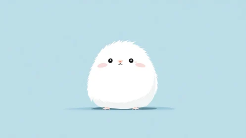 Minimalist white fluff creature on pastel blue ground.