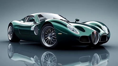 Green aerodynamic sports coupé rendered on reflective studio floor.