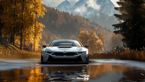 Sports coupe on wet mountain road in autumn forest landscape.