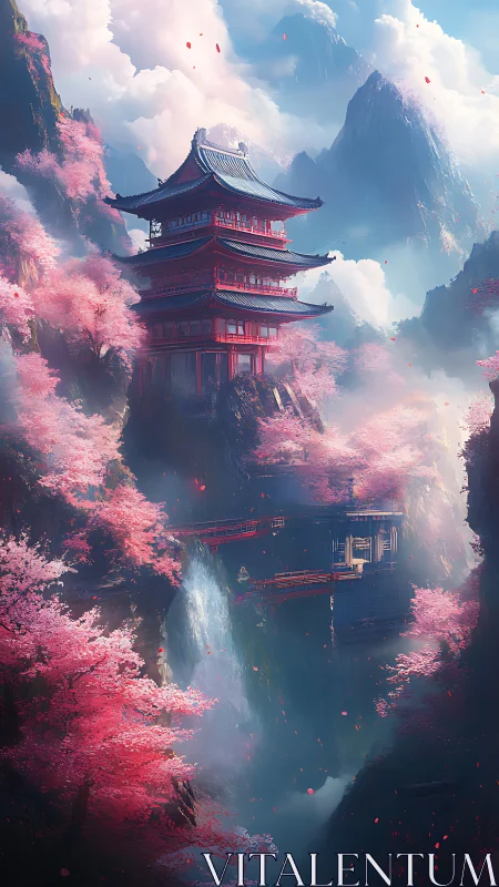 Sky-borne pagoda leans into a storm of drifting sakura dreams