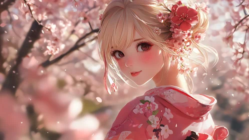 Anime girl in pink kimono among soft-focus cherry blossoms.