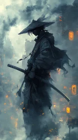 Solitary swordsman in misted urban skyline at night.