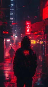 Cyberpunk alley silhouette under neon-red rain illumination.