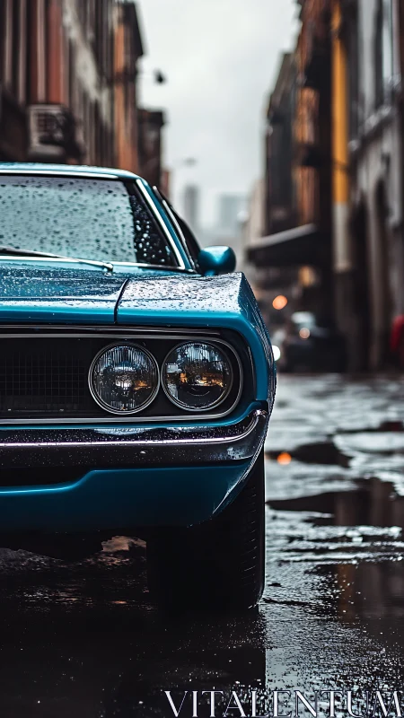 Rain-kissed blue muscle car waiting in a glistening alleyway.