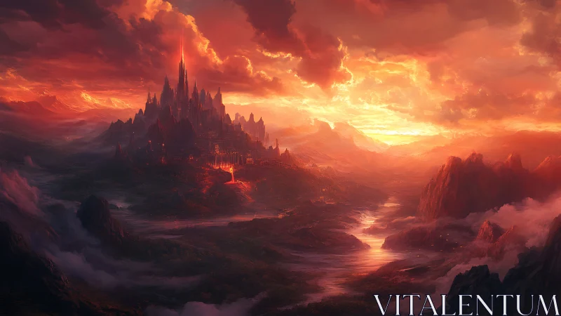 Fiery fantasy citadel dominates vast molten valley landscape.